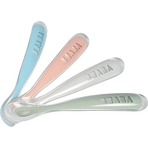 BEABA First Stage Baby Feeding Spoon Set, The Original Soft Tip Silicone Spoons for Babies, Gum Friendly BPA Lead Phthalate and Plastic Free, Great Gift Set (4 Pack), Rose