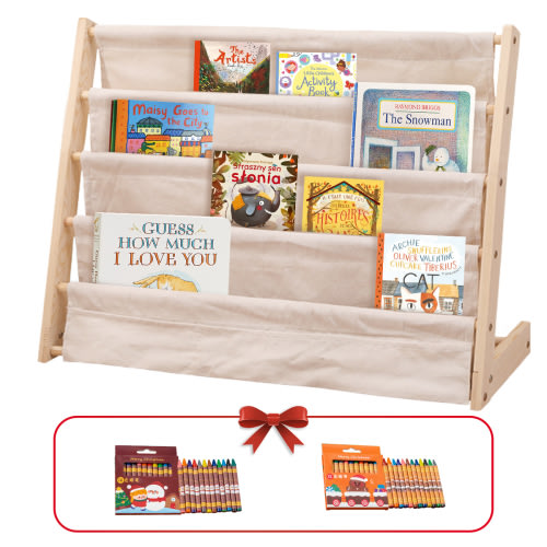 Olizee 4 Tier Kids Bookshelf, Wood and Canvas Sling Children Bookshelf Furniture for Kids – Beige, Gift for Ages 3+