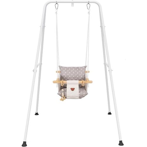 Baby Swing with Stand, Swing Set for Infant, Outdoor Indoor Swing Set with Canvas Cushion Seat (White)