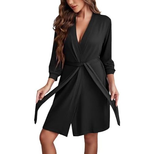 Ekouaer Women's Robe Lightweight 3/4 Sleeve Knit Bathrobe Soft Knee Length Sleepwear Robes with Pockets S-XXL
