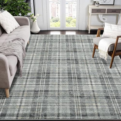 Modern Plaid Washable Rug 8 x 10 Rug for Living Room Soft Farmhouse Tartan Area Rug for Bedroom Non Shedding Non Slip Throw Rugs Stain Resistant Carpet for Nursery Office 8'x10' Greenish Grey