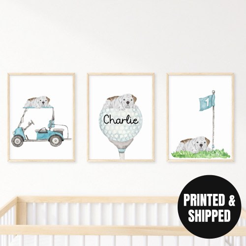 Personalized Bulldog Golf wall art set of 3 prints, golf art prints, nursery name sign, Bulldog wall art, dog wall art prints, BULLDOG ART