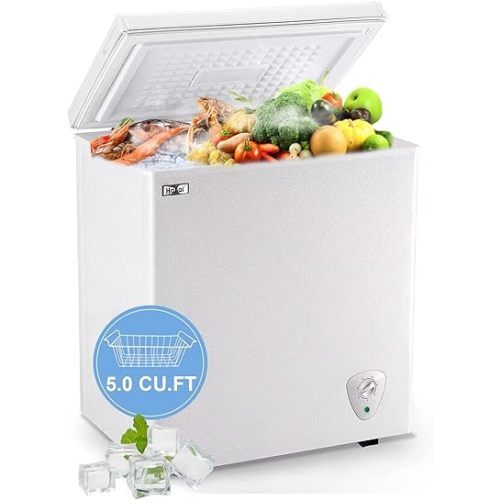 WANAI Chest Freezer 5.0 Cu.Ft Compact Chest Freezers with 7 Adjustable Thermostat Top Open Door Freezer Compressor Cooling with Removable Storage Basket, Energy Saving Perfect for Home Bar Dorm