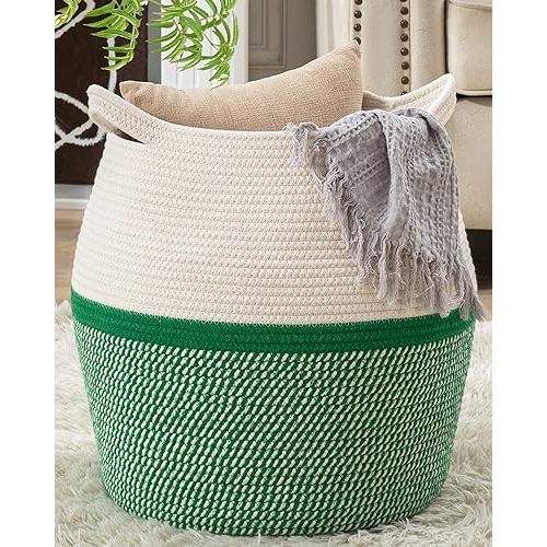 KAKAMAY Woven Baskets for Storage(17"x17"),Large Cotton Rope Basket Woven Baby Laundry Hamper,Collapsible Laundry Basket, Blanket Basket for Organizing Living Room,Nursery,Pillows,Toy Chest(Green)