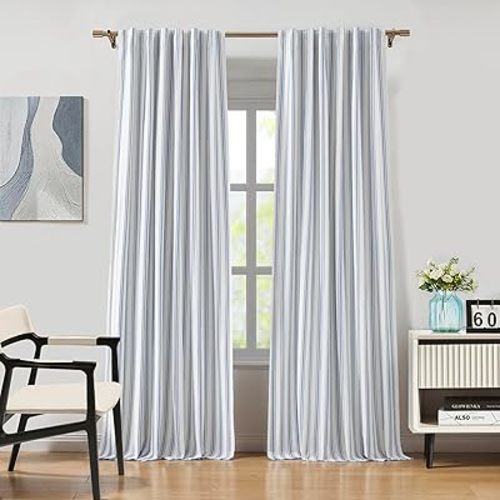 ZJDECOR 90 Inch Striped Full Blackout Curtain Panels for Bedroom,Blue Stripes on White Cotton Blended Light Filtering Fabric with White Liner,Back Tab Rod Pocket Window Treatment,55"Wx90"L(Pack of 2)