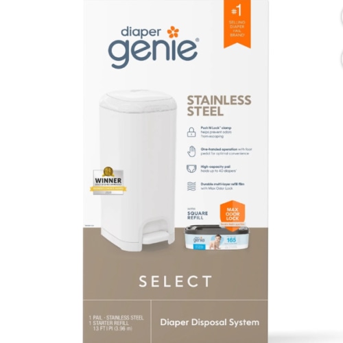 Diaper Genie Select Pail,White,Stainless Steel, 1 Diaper Pail,1 Square Refill-165 Ct, Infant - Walmart.com
