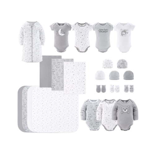 The Peanutshell Newborn Baby Layette Gift Set for Baby Boys and Girls, Shower Gift Essentials, Grey and White Celestial Bears
