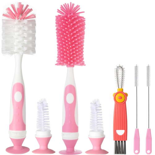 5-in-1 Baby Bottle Brush Set, Including Nylon and Silicone Bottle Brush, Cap, Straw, Nipple Brushes, BPA-Free (Pink)