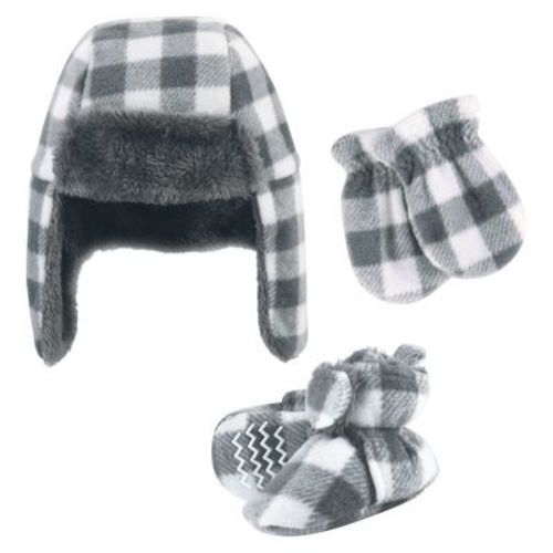 Hudson Baby Trapper Hat, Mitten and Bootie Set, Charcoal White Plaid, 0-6 Months