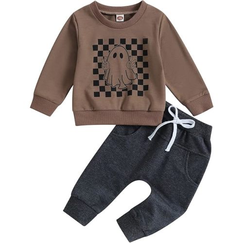 GOOCHEER Infant Toddler Baby Boy Halloween Outfit Clothes Ghost Printed Long Sleeve Sweatshirt Pullover Tops and Pants Set