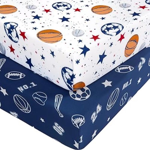 Pack and Play Sheets for Boys Girls, 38" x 26" Mini Crib Sheets Fitted for Pack n Play Mattress, Soft Breathable Playard Sheets, 2-Pack Blue Basketball