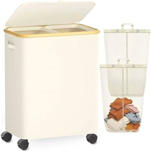Cesta de lavandería doble con tapa y ruedas, cesta grande de lavandería de 150 litros con 2 secciones y bolsas extraíbles con forro, cesta de ropa sucia con asas para dormitorio, baño, dormitorio