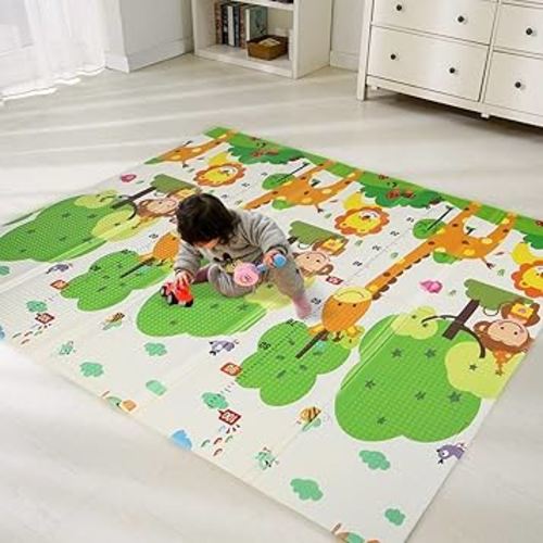 Bammax X-Large Waterproof Foam Padded Baby Play Mat | Safe Foam Reversible & Foldable | 70" x 78" | Use as Baby Crawling Mat or Kids Play Mat for Floor - Giraffe & Mixed Animals