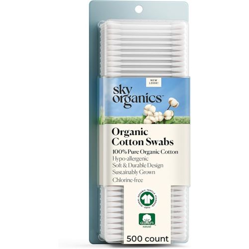 Sky Organics - Organic Cotton Swabs, 500 ct. - Ultra Soft Tips - Strong & Durable - Hypoallergenic - Chlorine Free - Sustainable - with Ebook - Natural, Vegan & Cruelty Free - Skin Care & Self Care
