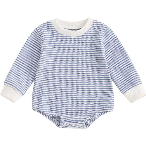 VISGOGO Unisex Baby Boy Girl Striped Romper Waffle Long Sleeve Bubble Oversized Romper Bodysuit Top Fall Onesie Clothes
