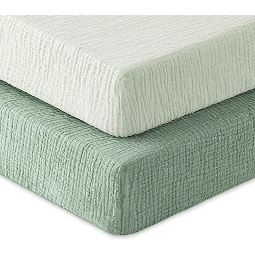 Muslin Crib Sheets for Boys Girls, 100% Cotton Fitted Crib Sheet 2 Pack for Standard Crib and Toddler Mattress, Breathable Soft Baby Sheet 28x52x8in Gradient Green