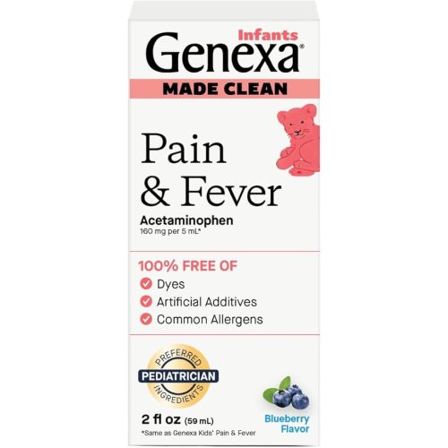 Genexa Infants' Clean Acetaminophen | Pain Reliever & Fever Reducer | Dye Free, 0% Artificial Additives | Baby Sick Essentials & Infant Medicine | Delicious Organic Blueberry Flavor, 2 fl oz