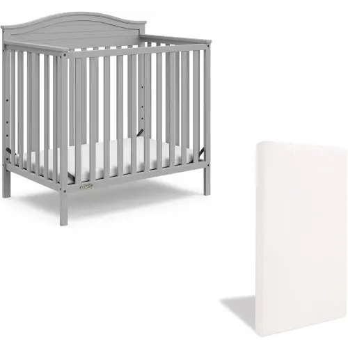 Graco Stella 4-in-1 Convertible Mini Crib with Bonus Mattress (Pebble Gray) – Includes Bonus 2.50 Inch Thick Mattress with Water-Resistant Cover, Converts to Twin Bed with Headboard and Footboard