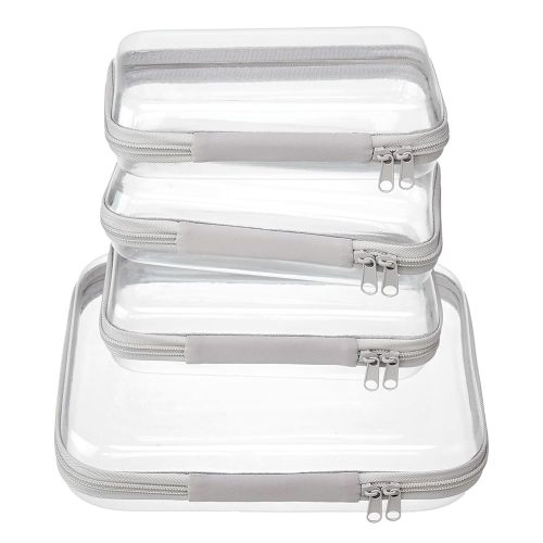 4 pcs Clear Zipper Pouches,Hard Shell Zipper Case, Toiletry Bag for Travel, CLear Diaper Bag, Toiletry Pouch, Travel Organizer, Clear Cosmetic Bag,Toy Storage Bins (M+3S) (Gray)