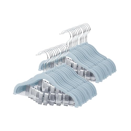 ManGotree 11.8'' Baby Velvet Hangers with Movable Clips, Non-Slip Kids Felt Hangers, Ultra-Thin Space-Saving Children's Clothes Hangers for Skirts, Pants, Dresses, Shirts, Jackets (28 Pack, Blue)
