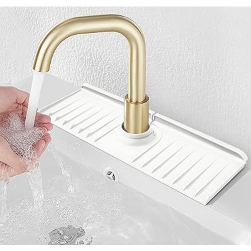 Sink Splash Guard 14.4” x 5.4” - Sink Faucet Mat with Faucet Water Catcher Mat & Soap Dish & Sponge Holder 3 in 1 - Silicone Faucet Handle Drip Catcher Tray for Kitchen RV & Bar Faucet, White