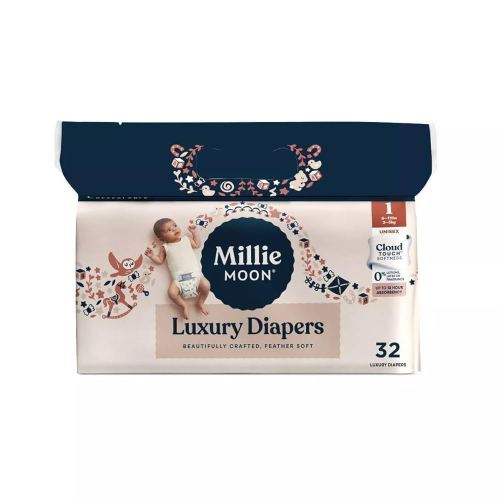 Millie Moon Luxury Diapers, Size 1, 32 Count, Cloud Touch Softness, 12 Hour Absorbency, Unisex