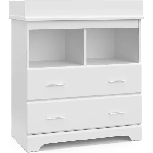 Storkcraft Brookside 2 Drawer Changing Table Dresser (White) – GREENGUARD Gold Certified, Easy-to-Match Chest of Drawers and Cubbies for Nursery and Kids Bedroom, Includes Changing Table Topper
