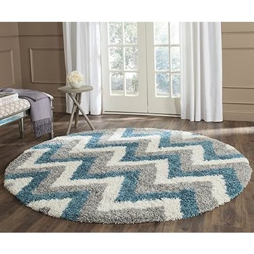 SAFAVIEH Kids Shag Collection 6'7" Round Ivory/Blue SGK568C Chevron Non-Shedding Living Room Bedroom Dining Room Entryway Plush 2-inch Thick Area Rug