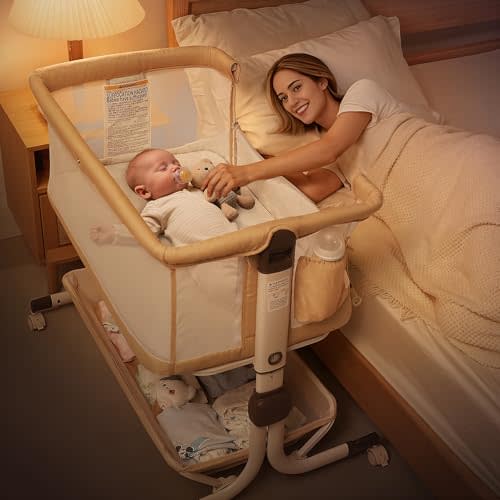 MOMFANN Baby Bassinet Bedside Sleeper, Upgraded Stability Bedside Crib with Full Mesh Sides, Soft Sheet, 6-Height Adjustment, Storage Basket, Easy Folding Portable Bassinet for Newborns, Oatmeal