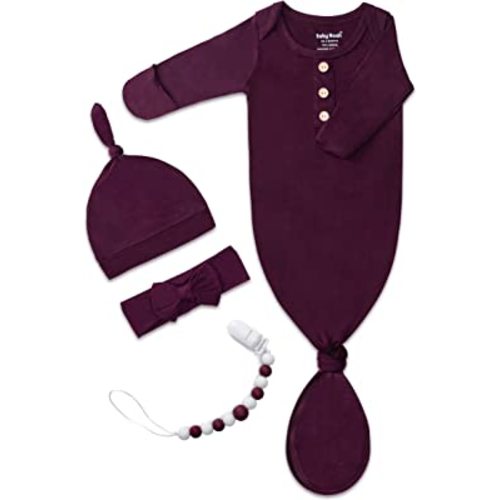 Newborn Baby Knotted Gown, Super Soft Silky Infant Sleeper, Baby Girl Sleep Gown with Mittens, Bow, Clip and Hat Set