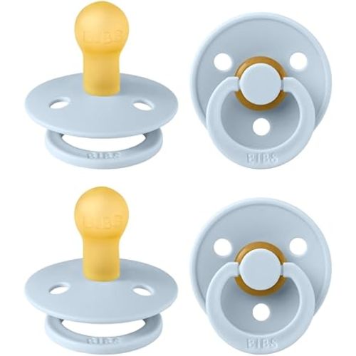 BIBS Colour Pacifier 4-Pack, BPA Free Dummy Pacifier, Round Nipple. Natural Rubber Latex, Made in Denmark, Size 1 (0-6 Months), Baby Blue
