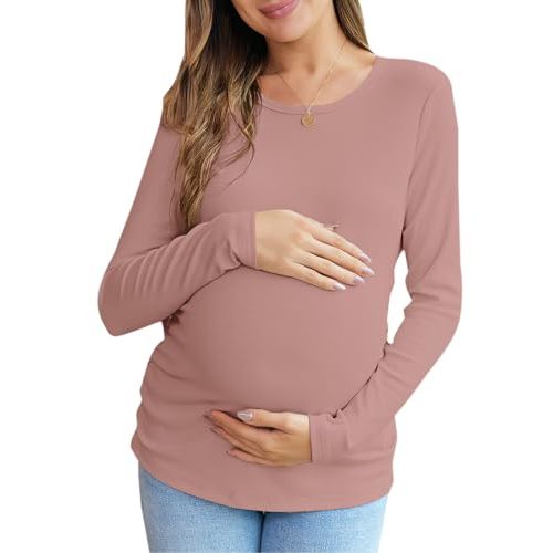 Women's Maternity Fall Tops Long Sleeve Crew Neck Ribbed Knit Slim Fitted Blouse Side Ruched Pregnancy Shirts