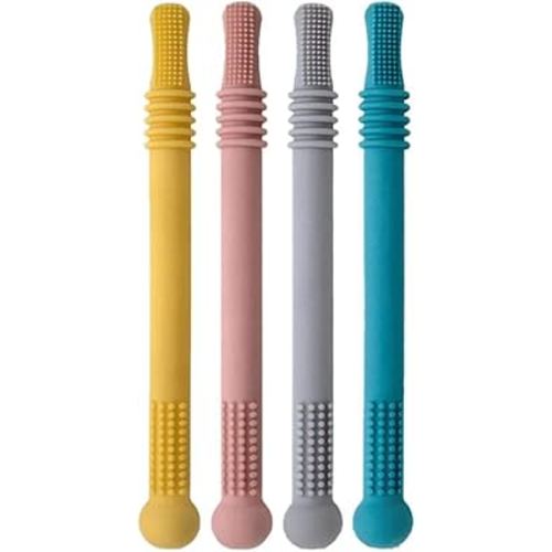 Hollow Teether Tubes Silicone Baby Teething Toys Chew Straw Toy for Baby Infant BPA Free Freezable 4 Pack