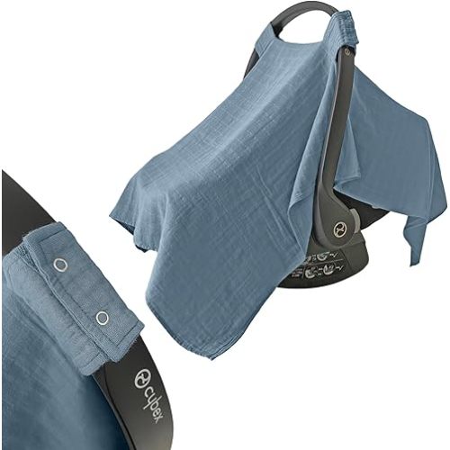MOZAH 100% Muslin Cotton Baby Car Seat Cover, Blue Mirage, Snap-Button - Organic, Soft, Lightweight, Breathable Car Seat Covers for Babies, Infant, Unisex - Canopy for Stroller, Carrier