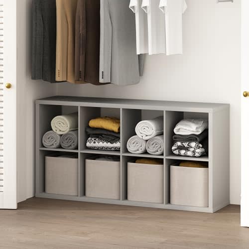 Furinno Cubic Open Back Multipurpose Clothing & Closet Storage Organizer Shelf, 8-Cube, Light Grey