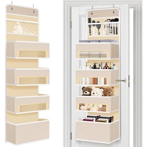 HAKACC Door Hanging Organizer Nursery Closet Cabinet Baby Storage，Upgrade Hanging Storage with Clear Window with 4 Large Pockets and 2 Small PVC Pockets for Cosmetics,Toys and Sundries,Beige