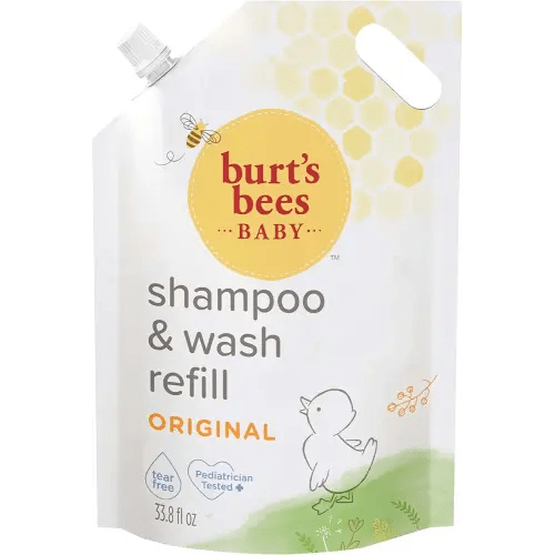 Burts Bees Baby Shampoo and Baby Wash Refill, Original, Plant-Based Formula, Tear-Free, Pediatrician-Tested, Natural Origin, Gently Cleans Sensitive Skin and Hair, 33.8 Fl Oz