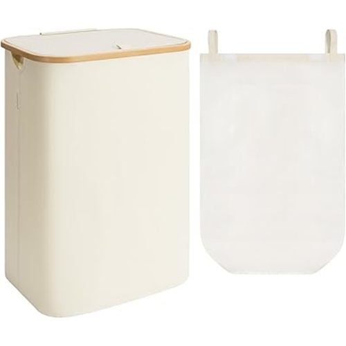 StorageWorks 100L Large Laundry Hamper with Lid, Tall Laundry Basket with Bamboo Handles and Removable Inner Bag, Collapsible Laundry Hamper for Clothing, Towels, Beige, 1-Pack