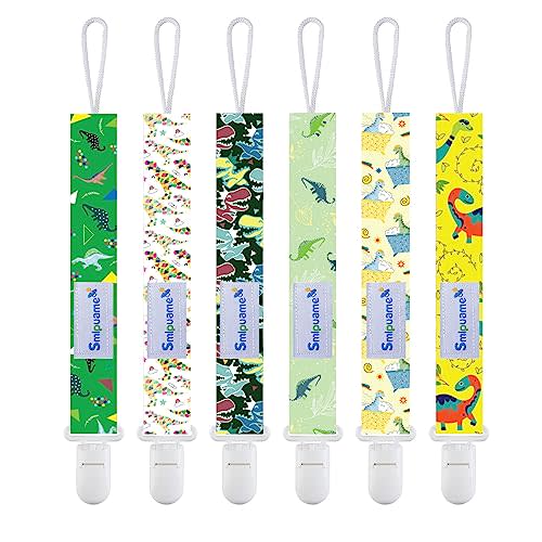 Smlpuame Baby Pacifier Clip for Boys Girl,6 Pack Stylish Binky Clips Strap,Paci Holder with Clips Universal Lightweight Fits Most Pacifiers Teeher Toy Teething Ring Soothie,Baby Gifts(Dinosaur)