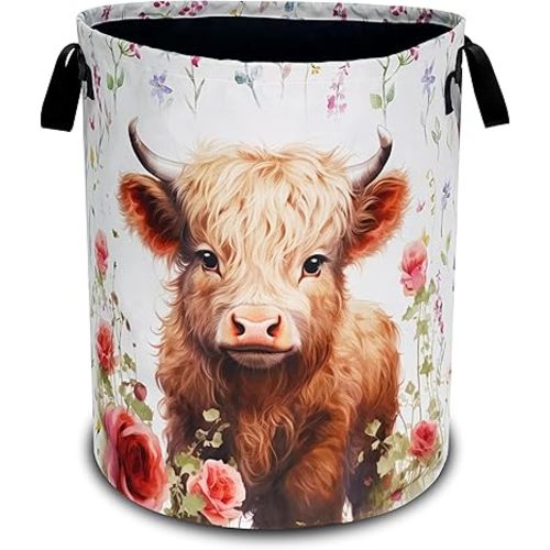 Cute Highland Cow Laundry Basket Oxford Cloth Animal Laundry Hamper With Handle Foldable Portable Clothes Storage Basket 18.9 X 16.5 Inch Storage Bag For Laundry Room/Bathroom/Bedroom/Dormitories