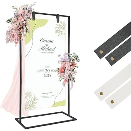 Wedding Sign Holder Stand - 58'' Adjustable Heavy Duty Metal Easel for 'Welcome to Our Wedding' Sign, with Premium Leather Hanging Straps & Templates, Perfect for Seating Charts, Baby Showers, Graduation (Black, 58in)
