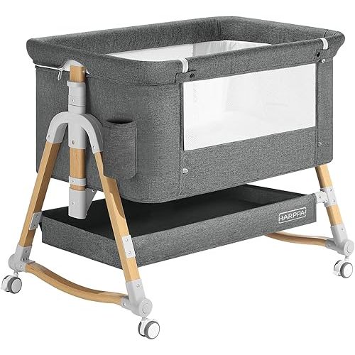 HARPPA Cuddly Bassinet, 3 in 1 Baby Bassinet Bedside Sleeper, Bedside Crib with Mattress and Wheels, Breathable Mesh, 5 Height Adjustable, Anchor Strap (Wood Grain, Grey)