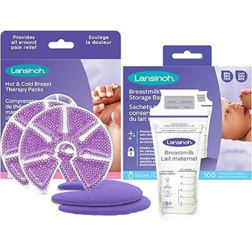 Lansinoh Breastmilk Storage Bags, 100 Count And Breast Therapy Packs with Soft Covers, 2 Pack, Breastfeeding Essentials for Moms