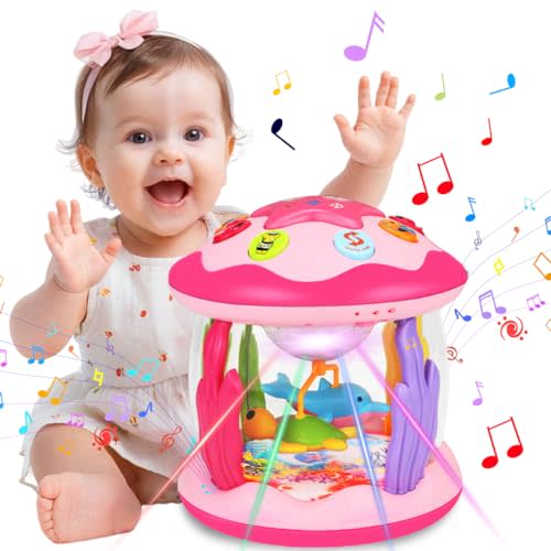 Hapyland Baby Toys 6-12 Months Girl Gifts: Babies Ocean Rotating Light Up Musical Toys for Toddlers 1 2 Year Old Crawling Learning Infant Toy 6 7 8 9 10 11 12 Months Old Baby Girl Gift (Pink)