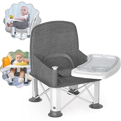 Baby Travel Booster Seat with Double Tray, BabyBond Upgraded Toddler Portable Baby Chair, Booster Seat for Dining Table, Stable and Foldable Booster Baby Chair for Indoor/Outdoor (Grey)