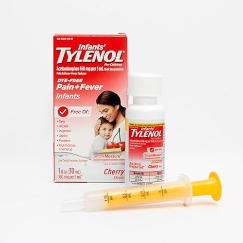 Tylenol Infants Oral Suspension Liquid Medicine with Acetaminophen, Baby Fever Reducer & Pain Reliever for Minor Aches & Pains, Sore Throat, Headache & Teething Pain, Dye-Free Cherry, 1 fl. oz - Cherry (Dye-Free)
