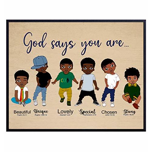 God Says You Are Wall Art - Religious Wall Decor for African American Boys - Christian Gifts - Scripture Decor - God Art - Black Boys Room Artwork - Motivational Inspirational Bible Verses