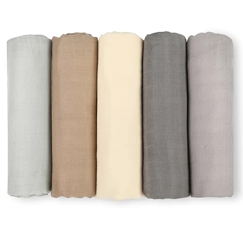 Muslin Swaddle Blankets for Newborn, 5 Pack Neutral Receiving Blanket, Muslin Blanket Swaddles Wrap for Boys and Girls, Baby Essentials, 47x47 Inches Large Size, Grey Solid