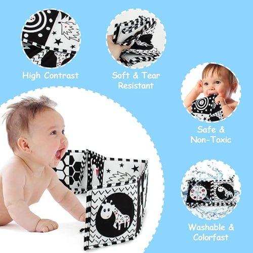 Cawgug Black and White High Contrast Soft Book for Babies 0-12 Months - Early Education Infant Tummy Time and Sensory Toys, Montessori Cloth Book Activities - high contrast