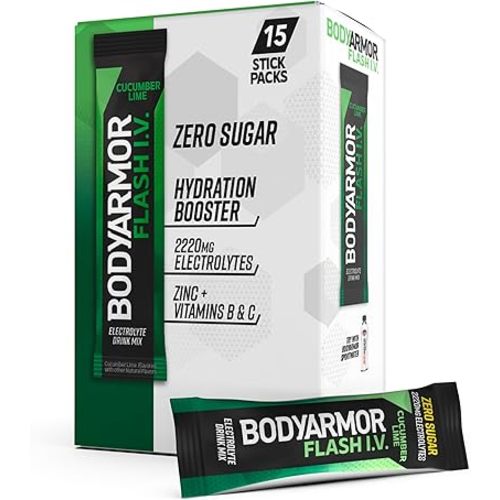 BODYARMOR Flash IV Electrolyte Packets, Cucumber Lime - Zero Sugar Drink Mix, Single Serve Packs, Coconut Water Powder, Hydration for Workout, Travel Essentials, Just Add Sticks to Liquid (15 Count)